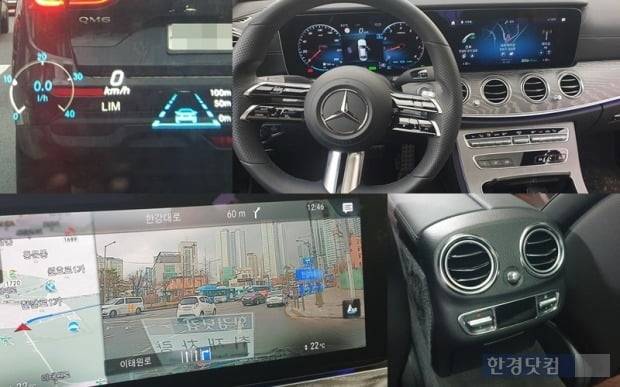 메르세데스-벤츠 E350 4매틱 AMG라인 헤드업 디스플레이 작동 모습과 스티어링 휠, 뒷좌석 공조기와 AR 내비게이션 작동 모습. 사진=오세성 한경닷컴 기자