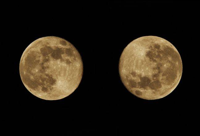 정보기술(IT) 커뮤니티 미니기기코리아의 한 회원이 ‘갤럭시S21 플러스’ 30배 줌 기능으로 촬영하기 위해 준비한 달 사진. 같은 사진을 180도 돌렸을 때 결과물을 확인하기 위해 오른쪽 사진을 임의로 회전시켰다. 미니기기코리아 캡처