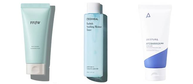(왼쪽부터)애경 플로우 ‘비자 진정 클렌징 폼’, 메디힐 ‘바오밥 수딩 수분 토너’, 아모레퍼시픽 에스트라 ‘아토베리어 365 크림’. /사진=각사