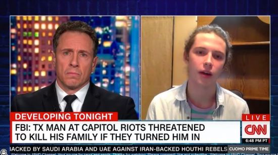 24일(현지시간) 미국 매체 CNN은 워싱턴DC 의사당 난입 사건에 가담한 아버지 가이 레피트를 FBI에 신고한 아들 잭슨을 인터뷰하고 있다./사진=CNN 방송 화면 캡쳐