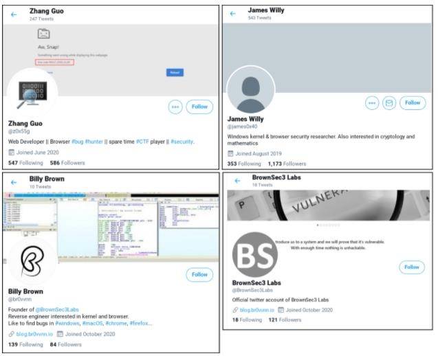 북한 해커들이 사용한 것으로 추정되는 트위터 프로필들 [구글 위협분석그룹 블로그 캡처]