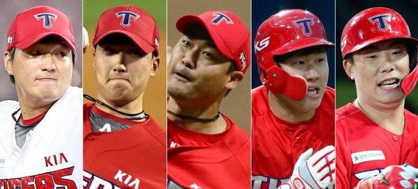 KIA 전상현-정해영-홍상삼-최원준-나지완(왼쪽부터). 사진제공｜스포츠동아DB, KIA 타이거즈