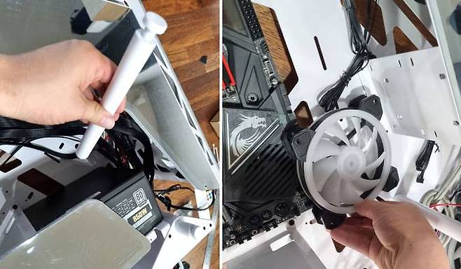 파워 장착을 위한 중간 기둥 임시 제거(왼쪽), 너비 250mm 이상 메인보드를 달기 위한 내부 LED 팬 제거(오른쪽)
