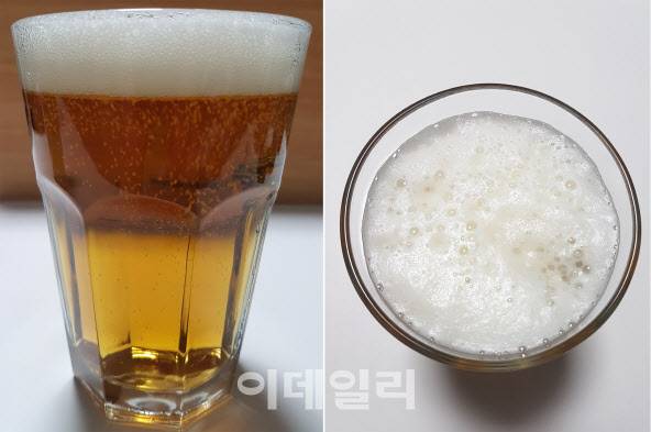 ‘한맥’(HANMAC) 병맥주(500㎖)를 개봉해 첫잔에 따른 모습. 크림생맥주와 같이 풍부하고 짙은 거품층이 형성된다.(사진=김범준 기자)