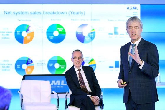 지난해 피터 베닝크 ASML CEO(오른쪽)가 실적 발표를 하고 있는 모습. [로이터=연합뉴스]