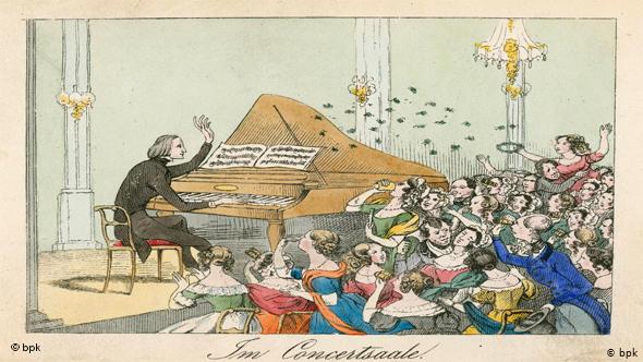 리스트 피아노 연주 장면을 그린 그림. 1842년 출판된 책에 실려 있다.