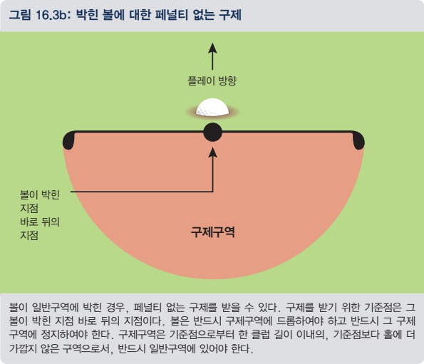 박힌볼은 공 바로 뒤를 기준점으로 한클럽 이내 홀에 가깝지 않은 곳을 구제구역으로 한다. /대한골프협회