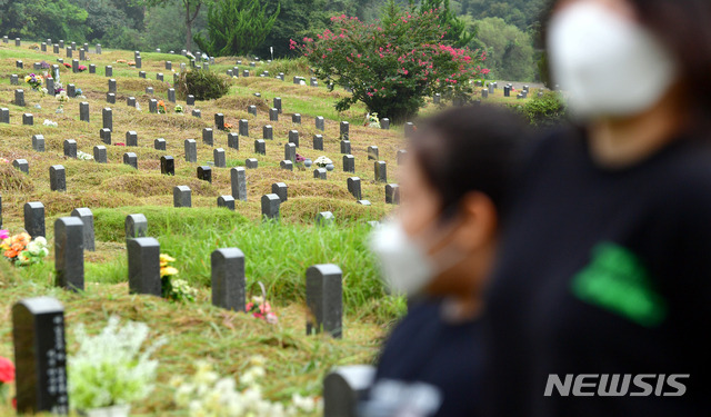 [광주=뉴시스] 류형근 기자 = 17일 오전 광주 북구 운정동 망월묘지공원묘역(광주시립묘지)에서 한 가족이 추석을 앞두고 미리 성묘를 하고 있다. 2020.09.17.  hgryu77@newsis.com