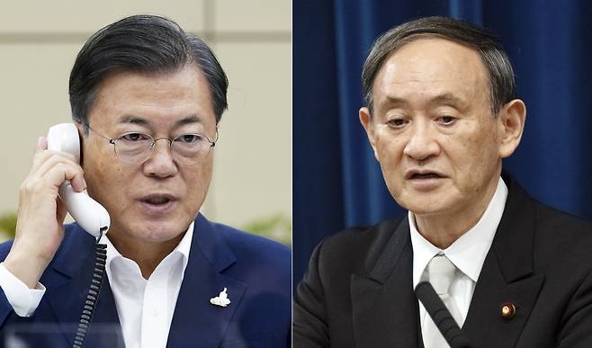 South Korean President Moon Jae-in and Japanese Prime Minister Yoshihide Suga (Yonhap)