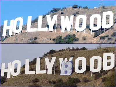 미국 로스엔젤레스를 대표하는 ‘HOOLYWOOD’ 간판 철자가 ‘HOOLYBOOB’로 바뀐 모습. /트위터