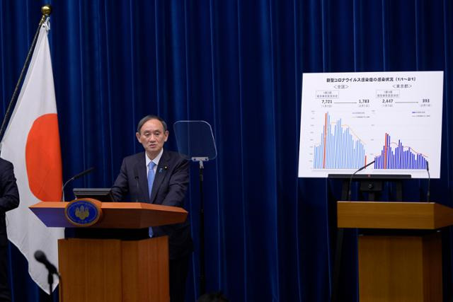 스가 요시히데 일본 총리가 2일 도쿄 총리 관저에서 코로나19와 관련해 기자회견하고 있다. 일본 정부는 도쿄를 비롯한 9개 지역에 대해 코로나19 긴급사태를 3월 7일까지 한 달 연장한다고 밝혔다. 도쿄=AP 뉴시스