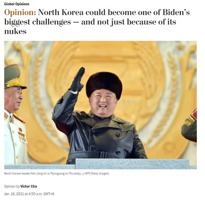 지난달 16일 워싱턴포스트에 게재된 '북한은 바이든 대통령에게 큰 도전이 될 것이다. 북핵 때문이 아니다'라는 제목의 칼럼. 워싱턴 포스트 홈페이지 캡처