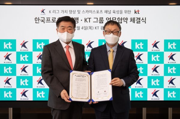 한국프로축구연맹 권오갑 총재(왼쪽)와 KT 구현모 대표. 사진제공 | 한국프로축구연맹