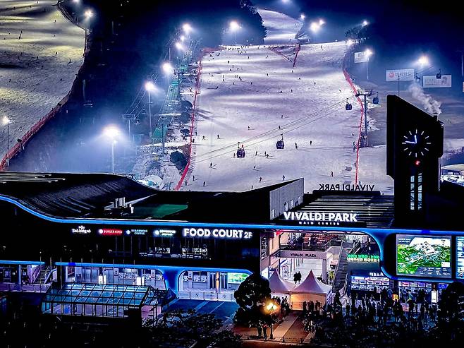 비발디파크 새벽·밤샘 스키 풍경. 5일 밤부터 시작되며, 힘겨웠던 스키장들이 시즌막판 다양한 방법의 할인이벤트를 진행한다.