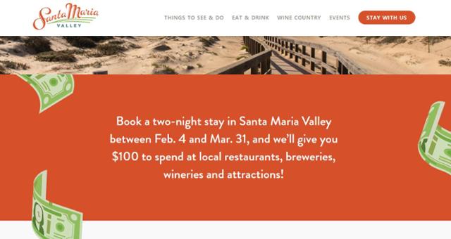 미국 캘리포니아주 산타마리아 밸리가 홈페이지를 통해 2박 숙박 시 100달러 상당의 바우처를 제공하는 새 프로모션 소식을 알리고 있다. 산타마리아 밸리 홈페이지 캡처