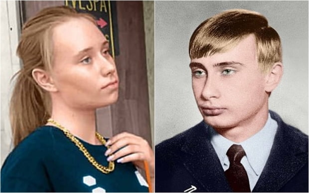 푸틴의 사생아로 알려진 엘리자베타 크리 보노 기크(왼쪽)와 10대 시절의 블라디미르 푸틴 러시아 대통령. 사진=엘리자베타 SNS, 게티이미지