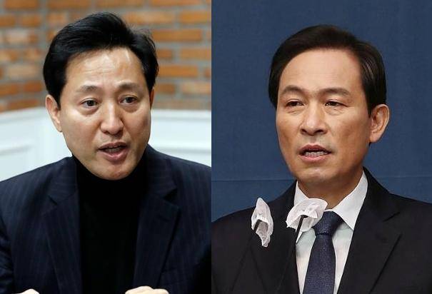 왼쪽부터 오세훈 전 서울시장, 우상호 더불어민주당 의원. 뉴시스·연합뉴스