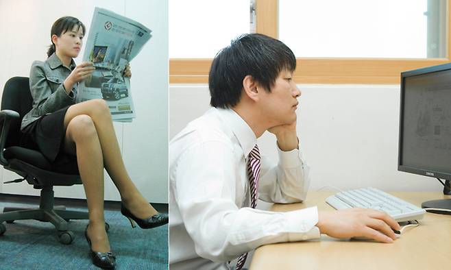 재택 근무를 하는 사람이 늘면서 잘못된 자세로 인한 척추와 관절 통증을 호소하는 환자가 많아지고 있다. 의자 끝에 걸터앉기, 다리꼬기, 양반다리, 엎드려 스마트기기 사용 등은 척추 불균형과 무릎·손목에 무리를 불러오는 만큼 피해야 한다. 게티이미지뱅크 제공, 세계일보 자료사진, 힘찬병원 제공