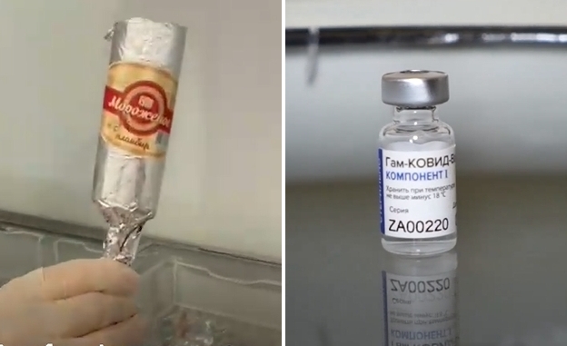 오른쪽은 러시아가 자체 개발한 코로나19 백신, 왼쪽은 쇼핑몰에서 백신을 접종한 사람 모두에게 제공하는 100루블(한화 약 1500원) 상당의 아이스크림
