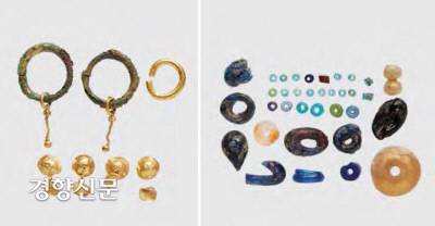 연접분의 매장 의례부에서 확인된 금제 귀고리 1쌍과 달개 장식 4점. 유리구슬도 70여점 출토됐다. 무덤주인공의 위상을 알 수 있는 유물들이다.|한성백제박물관 제공