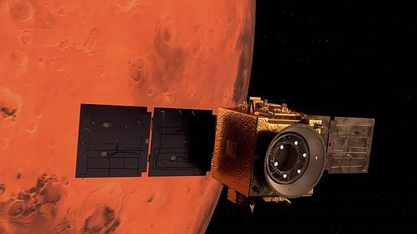 아랍에미리트(UAE)의 화성 궤도선 ‘아말’의 화성 궤도 진입 상상도. 아말은 한국시간으로 10일 오전 0시 57분 화성 궤도 진입에 성공했다
