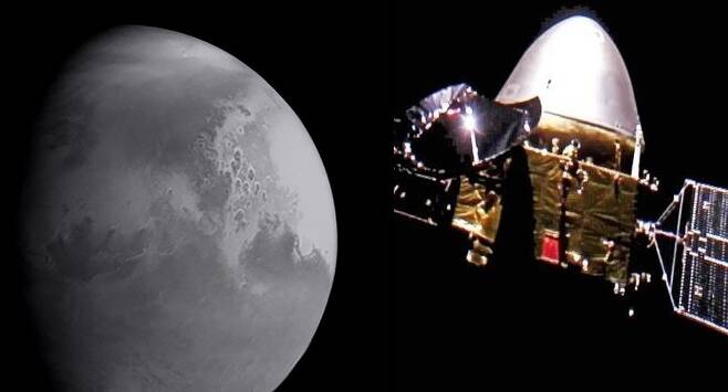 화성탐사선 톈원(天问) 1호가 촬영해 보내온 화성 이미지(좌측)와 우주선의 모습을 합성했다