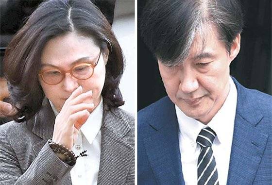 조국 전 법무부 장관의 부인 정경심 교수가 지난달 23일 서울중앙지법에서 열린 영장 심사를 위해 출석하고 있다. 오른쪽은 9월 9일 방배동 자택을 나서는 조 전 장관. 우상조 기자, [연합뉴스]
