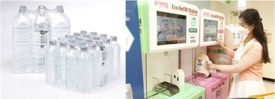롯데마트의 라벨을 없앤 '초이스엘 세이브워터 에코' 생수(왼쪽)와 이마트가 확대하고 있는 '에코 리필 스테이션'. 사진 각 업체