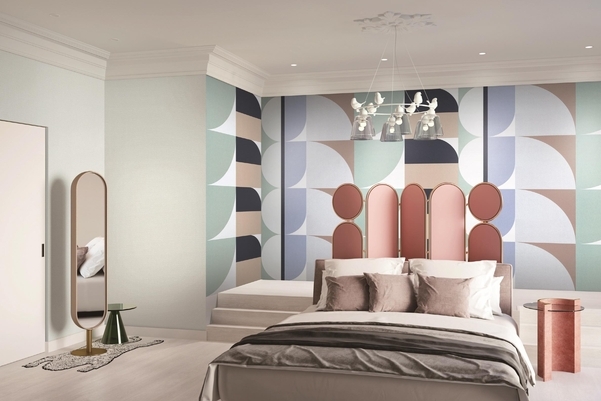 'LG지인 벽지 베스띠' 제품의 컬러블록 패턴이 적용된 침실 공간/LG하우시스 제공