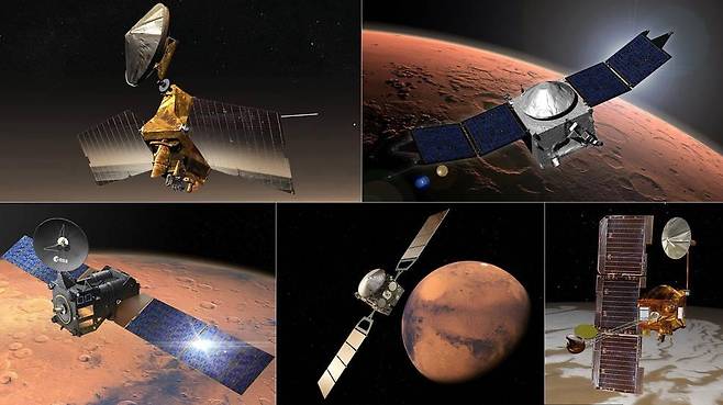 퍼서비어런스 중계 임무에 나설 화성 궤도선 '오형제' 상단 왼쪽부터 시계방향으로 NASA 소속 MRO, 메이븐, 오디세이, ESA 소속 마즈 익스프레스, TGO. [NASA/JPL-Caltech, ESA 제공/ 재판매 및 DB 금지]