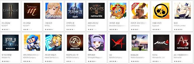 구글 플레이 매출 순위(자료출처-구글플레이)