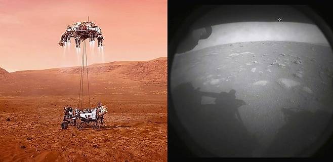 퍼시비어런스가 화성 표면에 착륙한 직후 지구로 전송한 화성 사진(오른쪽)과 착륙 가상 그래픽 이미지.