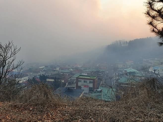 안동시 임동면 중평리 마을 주변 도로 등이 모두 불에 타고 산불로 인해 발생한 연기가 마을을 뒤덮고 있다. 권기웅 기자.