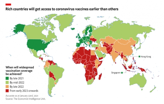 EIU가 백신으로 인한 집단면역 시점을 예상해 만든 지도. EIU 캡처