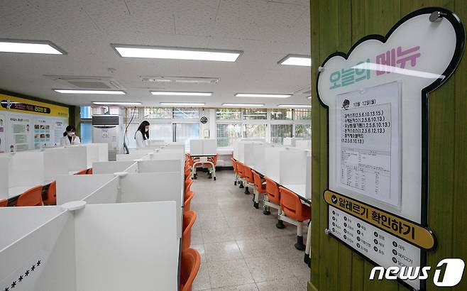 서울 중구의 한 초등학교 급식실 자리마다 칸막이가 설치된 모습. 2020.10.13/뉴스1 © News1 이승배 기자