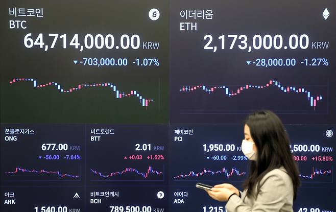 A digital price board at Upbit, a South Korean cryptocurrency exchange located in Gangnam ditrict in Seoul, shows prices of Bitcoin and Ethereum in the morning on Monday. (Yonhap)