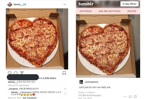 최근 한 누리꾼이 제기한 현직 배구선수 이다영의 사진 무단 도용 논란. 이다영 선수가 자신의 인스타계정에 휴가라며 올린 피자 사진(왼쪽)이 해외 SNS 텀블러의 사진(오른쪽)과 똑같아 무단 도용 의혹이 제기됐다.