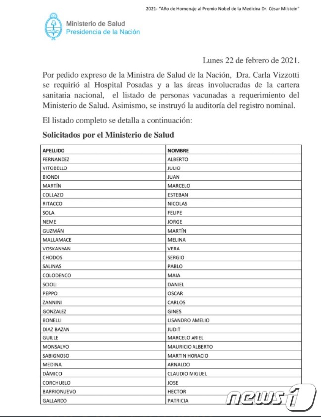 아르헨티나 정부가 공개한 코로나19 백신 '새치기 접종' 명단 일부.