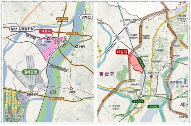 부산 대저 새도시(왼쪽)와 광주 산정 새도시 부지. 국토교통부 제공