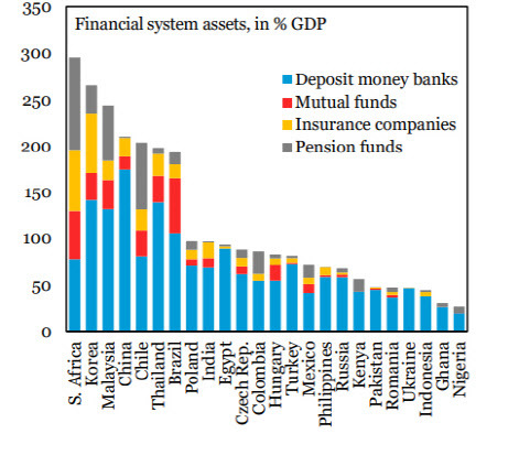 신흥국별 GDP대비 자국 내 금융권 총자산 비율 (IIF)