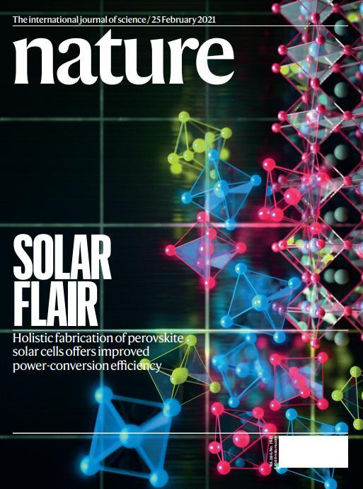 The front page of Feb. 25 issue of science journal Nature shows the research on the next-generation perovskite solar cells conducted by the Korea Research Institute of Chemical Technology. (Korea Research Institute of Chemical Technology)