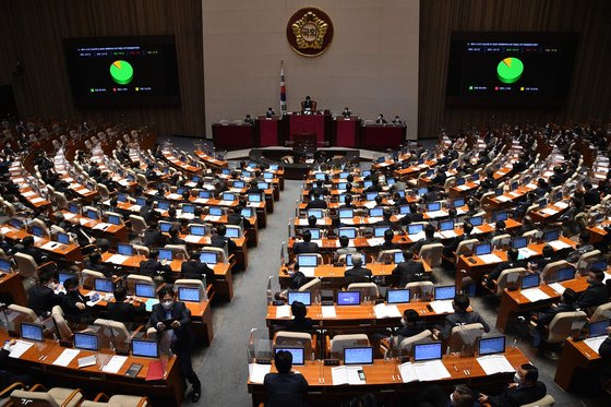 26일 서울 여의도 국회에서 열린 본회의에서 제주 4 ·3 진상규명 및 희생자 명예회복에 관한 특별법 전부개정법률안이 의결되고 있다. 뉴스1