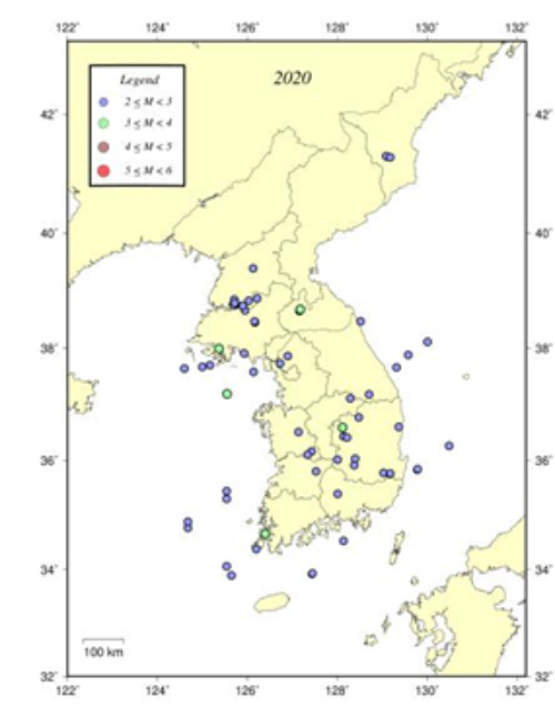 2020년 지진 발생 분포도. 기상청 제공