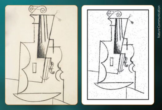 미국 브라운대 연구팀이 개발한 화학분자 저장장치로 저장한 이미지(왼쪽)를 불러오는 데 성공했다. 여기에 사용된 이미지는 피카소의 작품 ‘바이올린’이다. 네이처 커뮤니케이션 제공