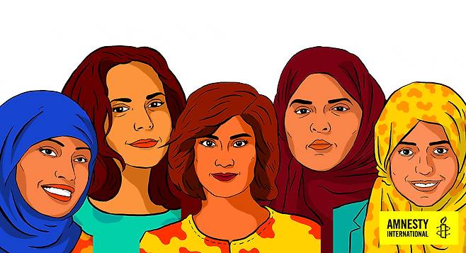 사우디아라비아 여성 인권 운동가들의 이미지. 왼쪽부터 사마르 바다위, 이만 알 나프잔, 루자인 알하스룰, 아지자 알 유세프, 나시마 알 사다. 국제앰네스티 제공