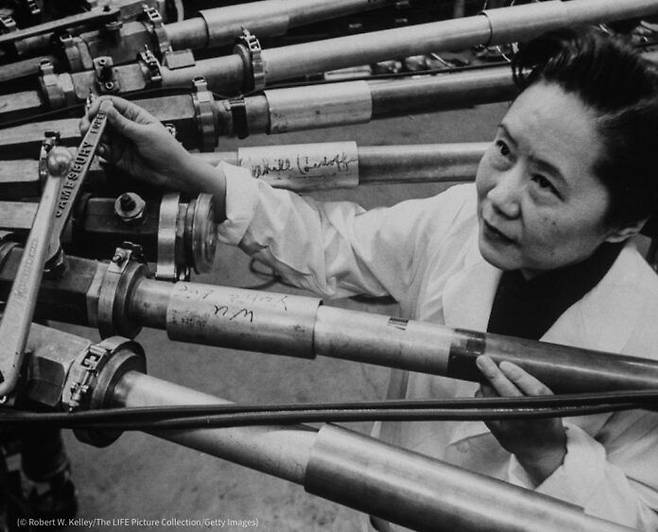 Physicist Dr. Chien-Shiung Wu standing amidst tubes of a particle accelerator at Columbia University.  (� Robert W. Kelley/The LIFE Picture Collection/Getty Images)