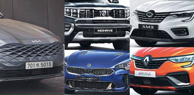 기아의 신규 엠블럼이 적용된 ‘K8’. 기아 모하비와 스팅어에 도입된 전용 엠블럼(가운데 위, 아래). ‘태풍의 눈’ 엠블럼이 부착된 르노삼성자동차 XM3와 르노 본사의 로장주 엠블럼을 적용한 르노 뉴 아르카나(오른쪽 위, 아래). 각 사 제공