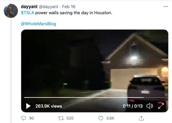 미국 텍사스에 찾아온 겨울폭풍으로 대규모 블랙아웃이 발생했지만 가정용 ESS를 설치한 주택은 정전을 피할 수 있었다. [사진 트위터 캡처]