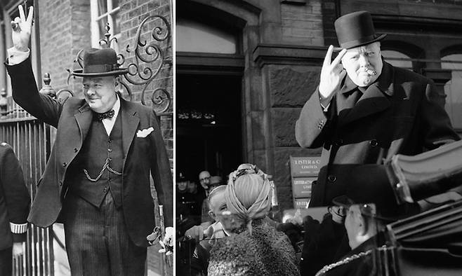 윈스턴 처칠 영국 총리는 ‘승리의 브이’를 전 세계적으로 확산시킨 것으로 알려졌다. 그런데 잘 보면 처칠은 손등을 안쪽으로 혹은 바깥쪽으로 향하는 두 가지 제스처를 사용했다. 이 둘은 전혀 다른 의미를 가지고 있다.