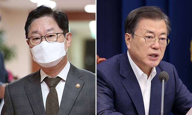 박범계 법무부 장관(왼쪽), 문재인 대통령. 연합뉴스